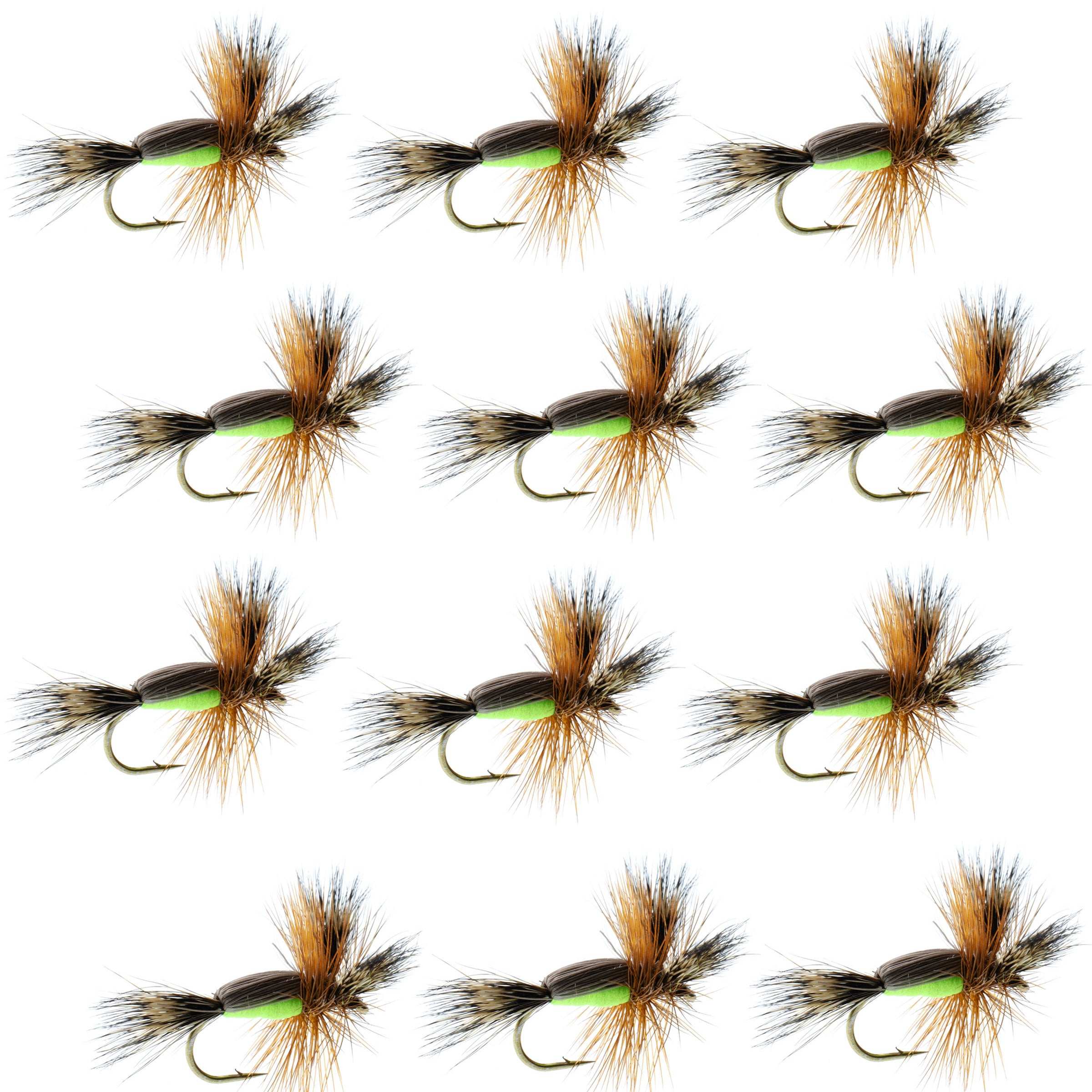 Widerhakenlose chartreuse Humpy Trockenfliege mit Haarflügel – 1 Dutzend Fliegen Größe 10