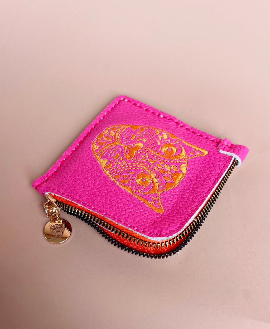 Jaguar Embroidered Zip Around Wallet Hot Pink With Orange