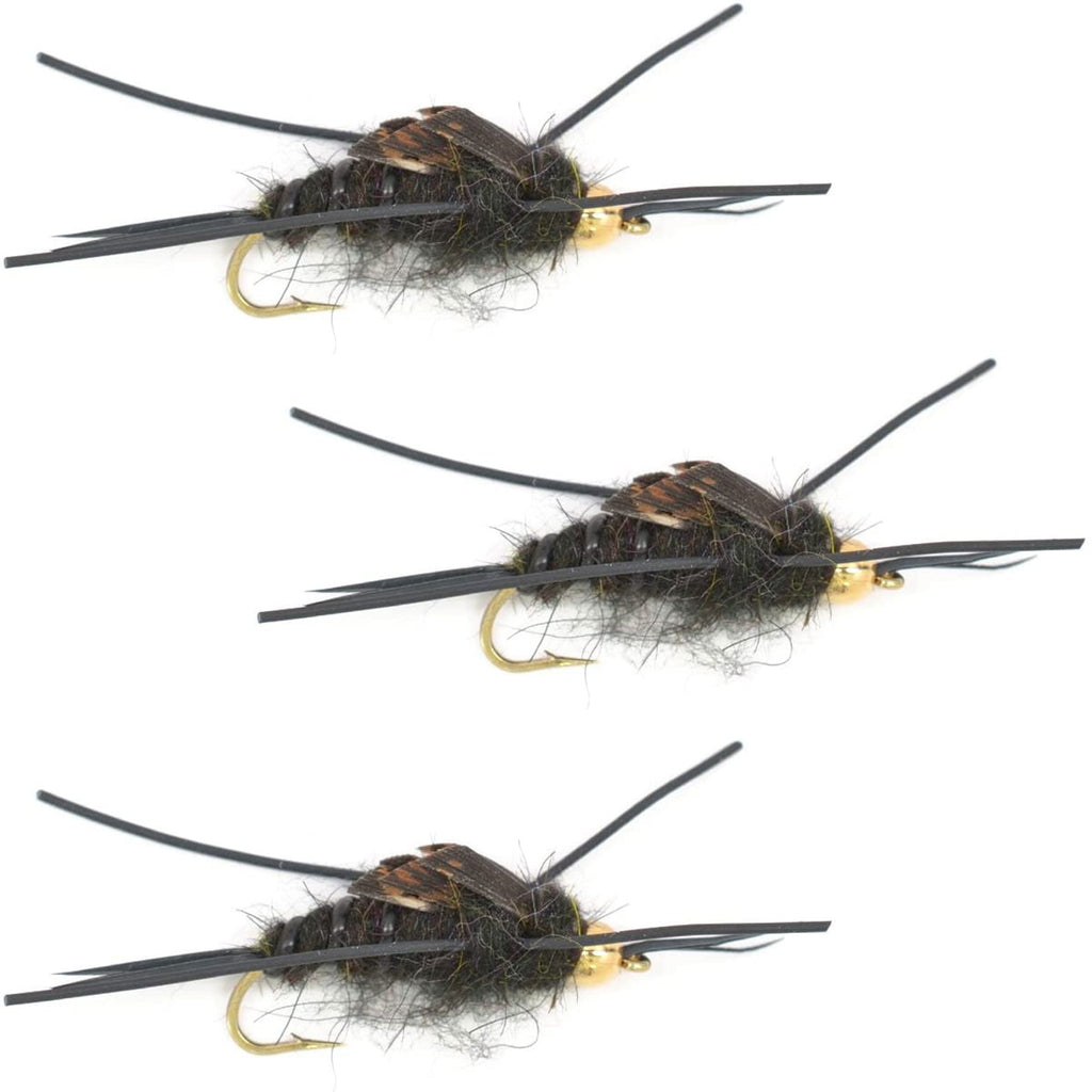 3er-Pack Tungsten Bead Kaufmann's Black Stone Fly mit Gummibeinen - Steinfliegen-Nassfliege - Hakengröße 4
