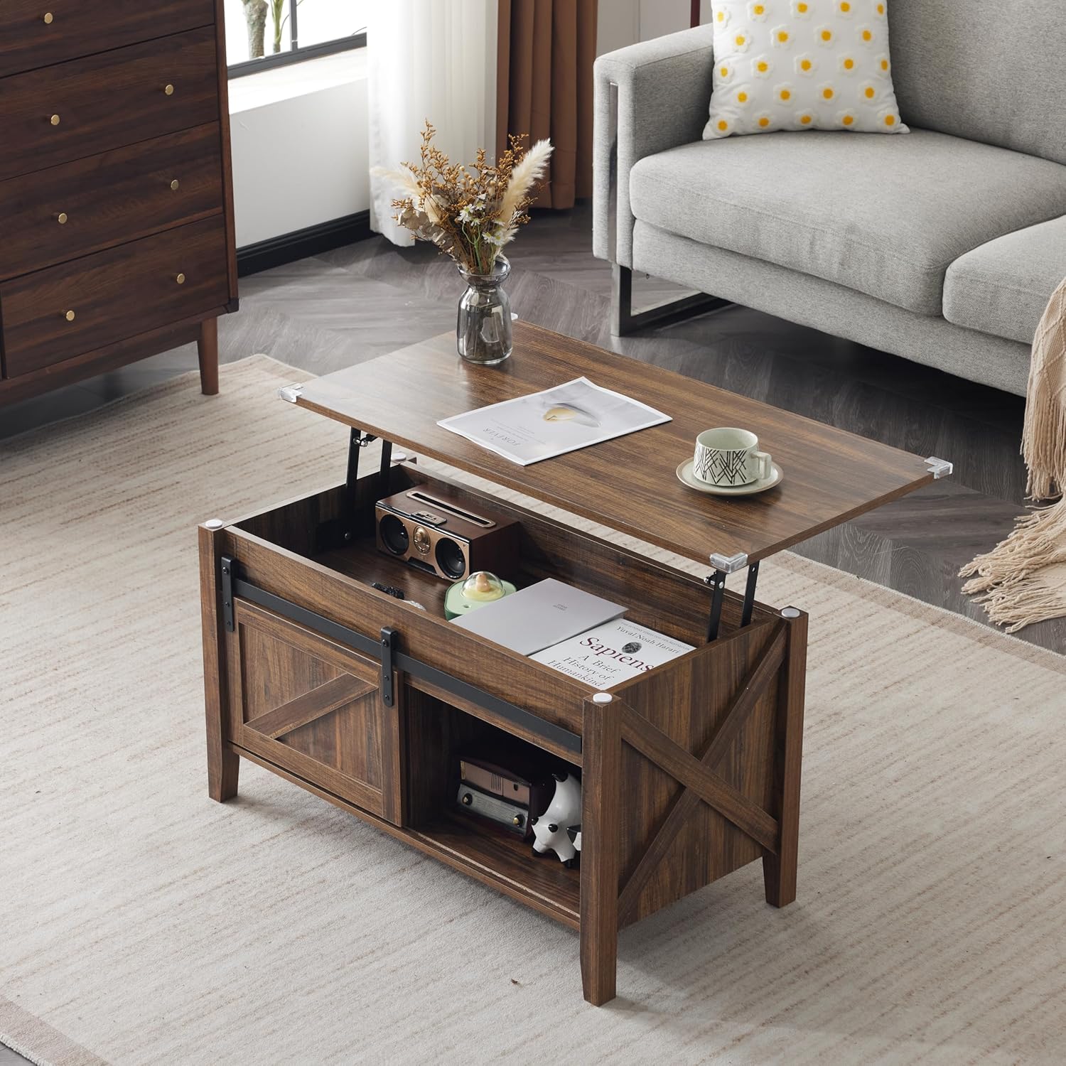 Couchtisch mit Hebefunktion 36" Rustikales Bauernhaus-Design Holz Versteckter Stauraum & Schiebetür im Scheunentor-Stil