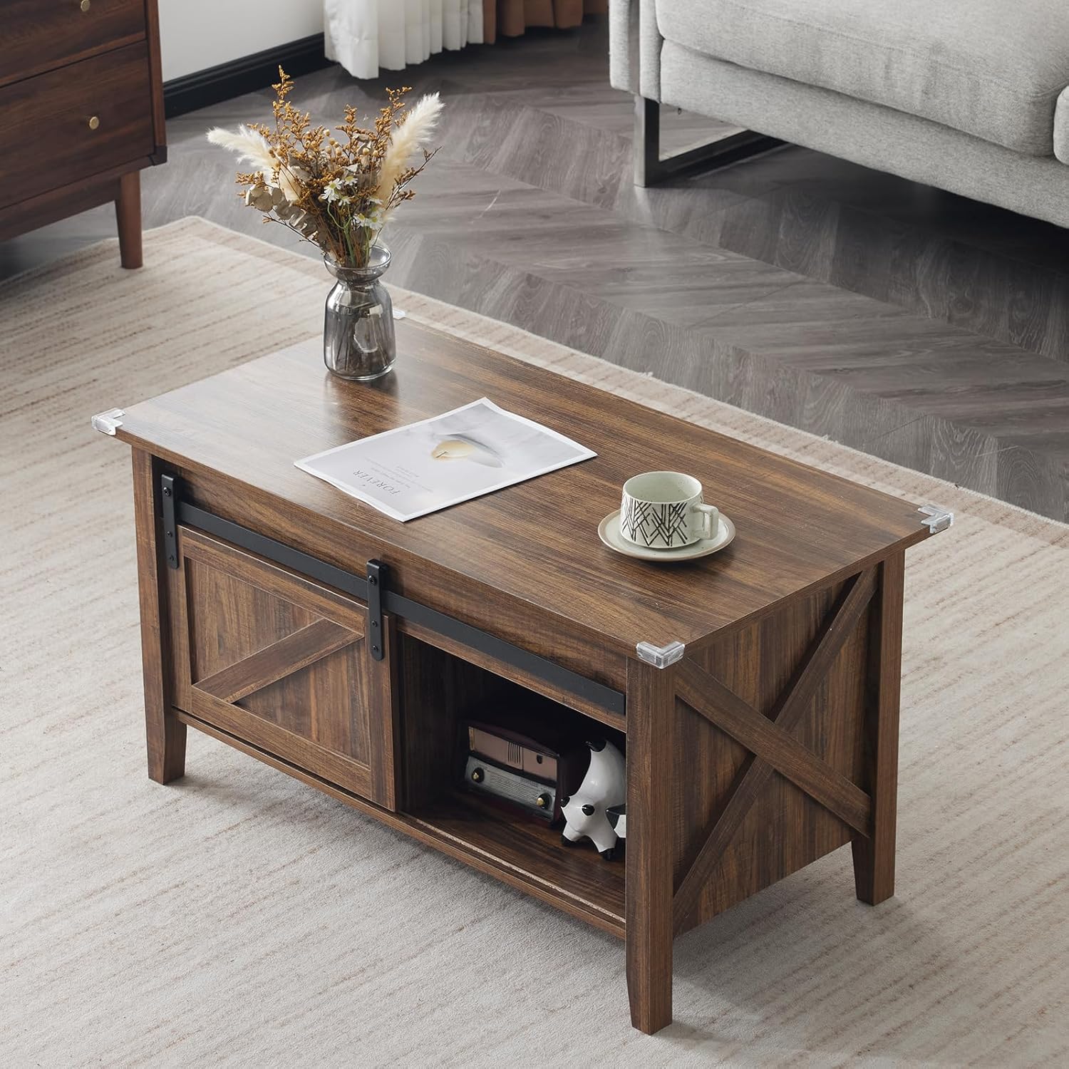 Couchtisch mit Hebefunktion 36" Rustikales Bauernhaus-Design Holz Versteckter Stauraum & Schiebetür im Scheunentor-Stil