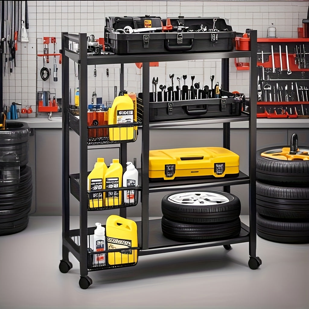 Rollregal mit 4 Ablagen und Körben, Metall-Servierwagen mit Rollen, Küchen- und Garagen-Organizer