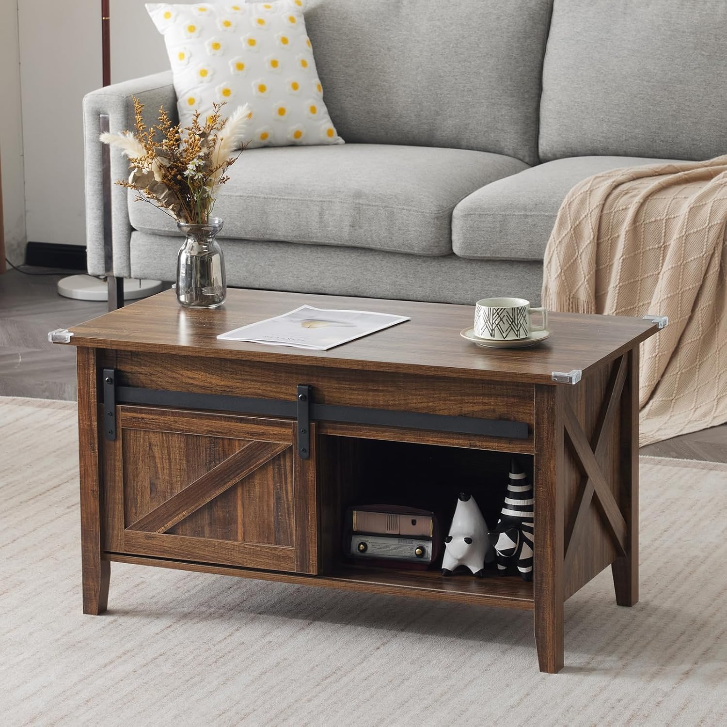 Couchtisch mit Hebefunktion 36" Rustikales Bauernhaus-Design Holz Versteckter Stauraum & Schiebetür im Scheunentor-Stil