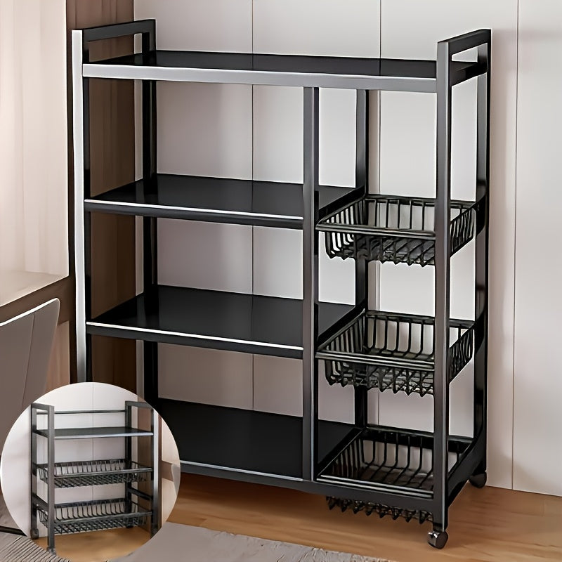 Rollregal mit 4 Ablagen und Körben, Metall-Servierwagen mit Rollen, Küchen- und Garagen-Organizer