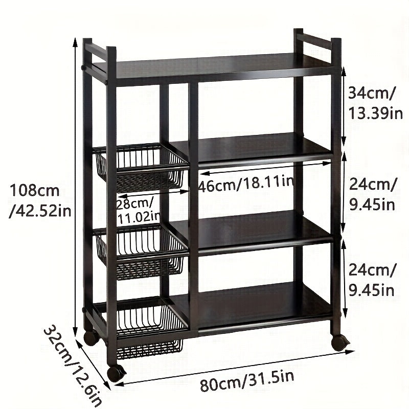 Rollregal mit 4 Ablagen und Körben, Metall-Servierwagen mit Rollen, Küchen- und Garagen-Organizer