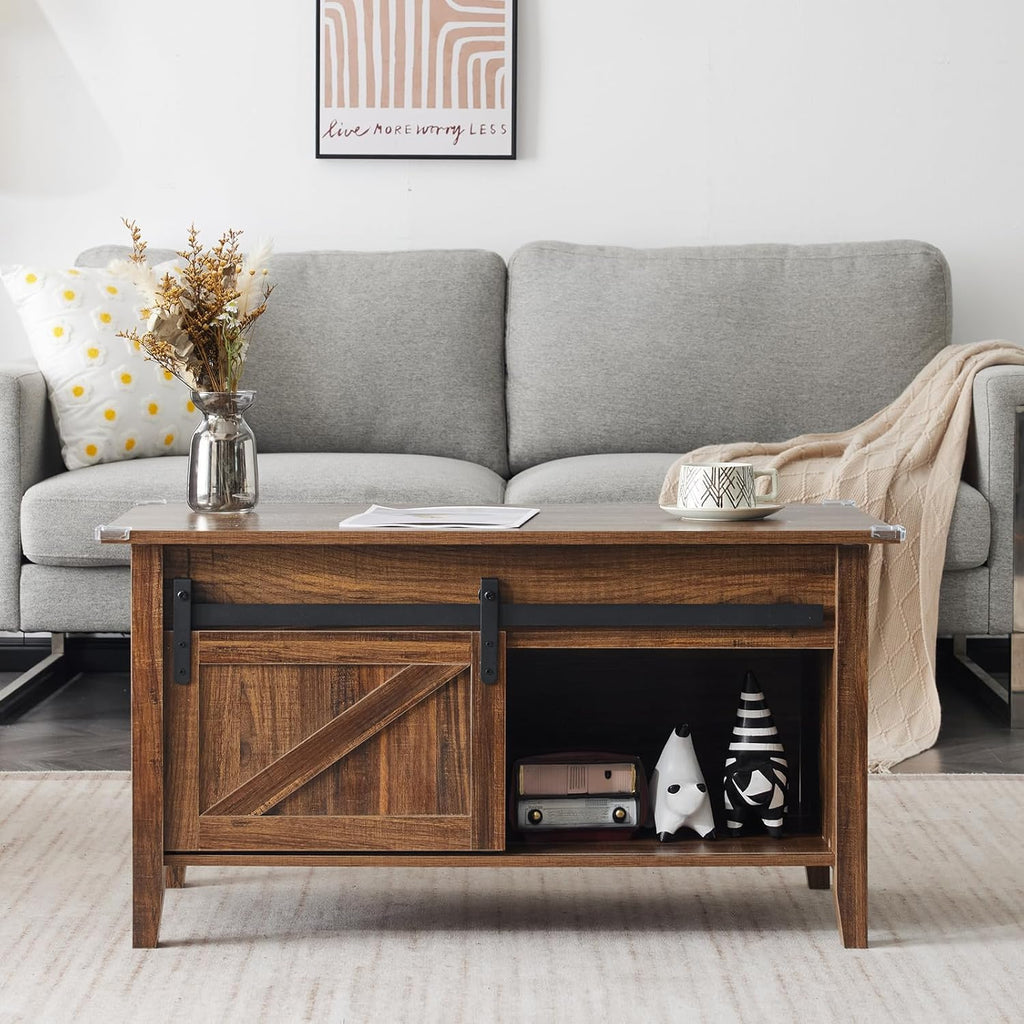 Couchtisch mit Hebefunktion 36" Rustikales Bauernhaus-Design Holz Versteckter Stauraum & Schiebetür im Scheunentor-Stil