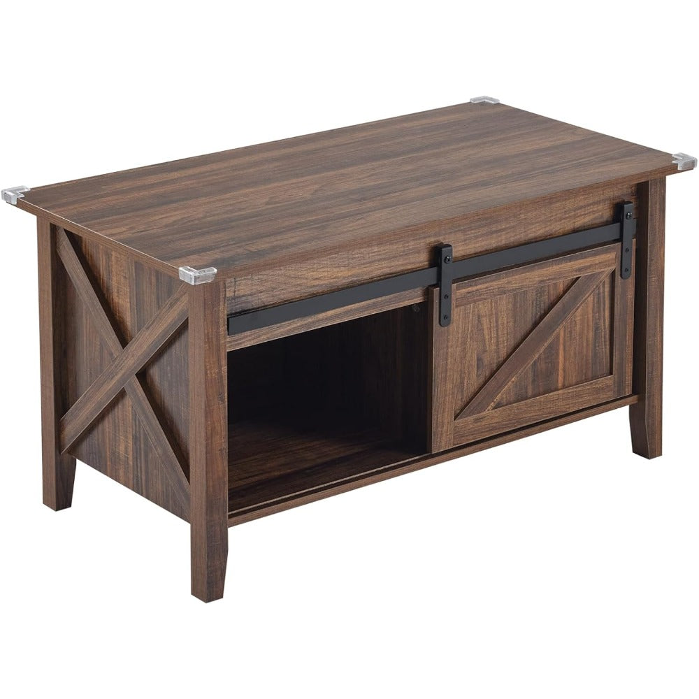 Couchtisch mit Hebefunktion 36" Rustikales Bauernhaus-Design Holz Versteckter Stauraum & Schiebetür im Scheunentor-Stil
