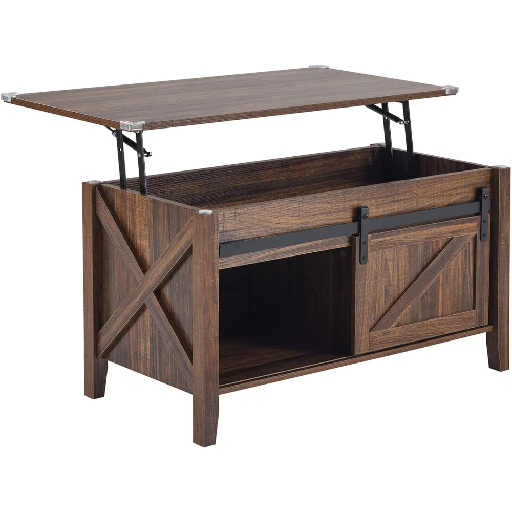 Couchtisch mit Hebefunktion 36" Rustikales Bauernhaus-Design Holz Versteckter Stauraum & Schiebetür im Scheunentor-Stil
