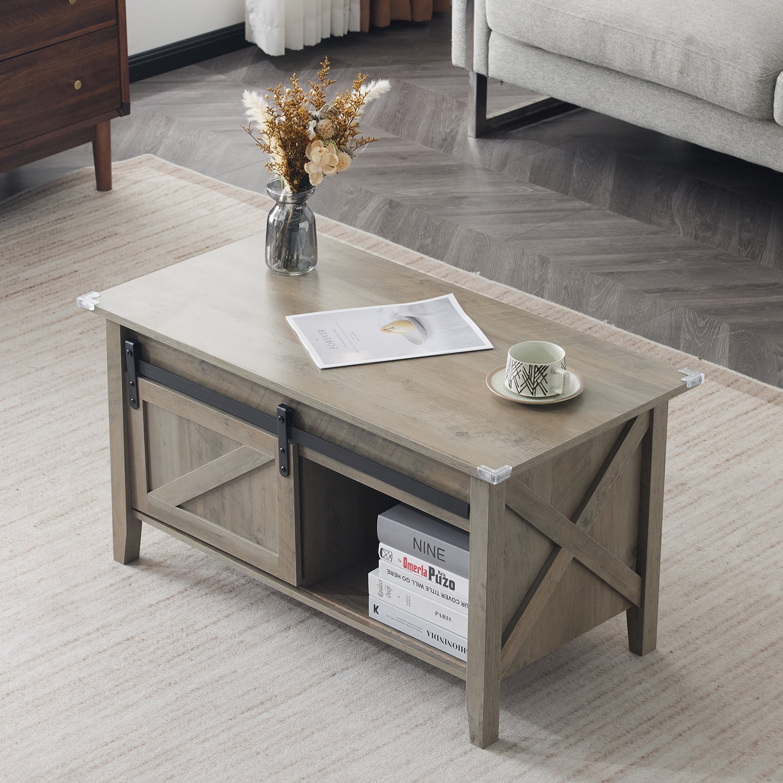 Couchtisch mit Hebefunktion 36" Rustikales Bauernhaus-Design Holz Versteckter Stauraum & Schiebetür im Scheunentor-Stil