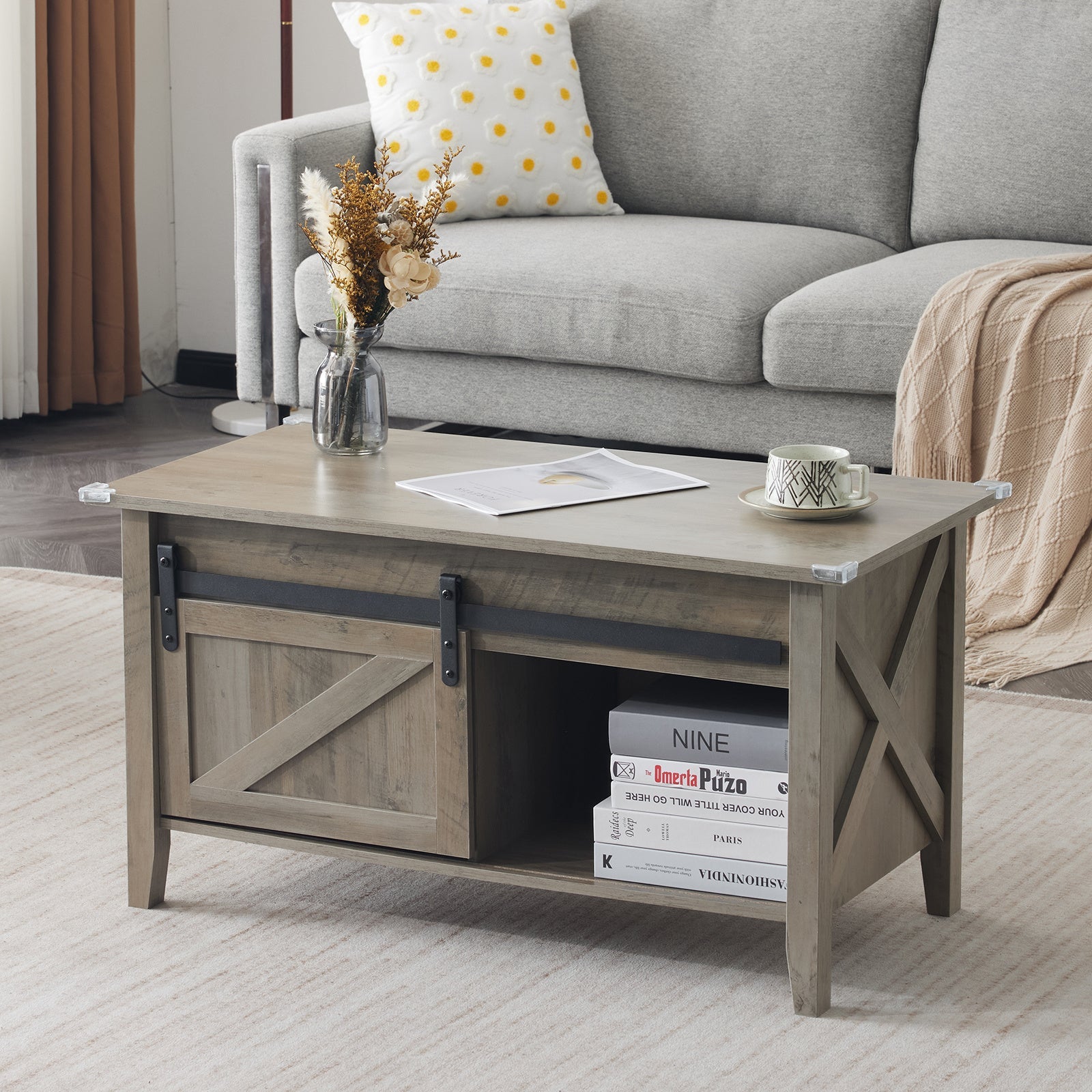 Couchtisch mit Hebefunktion 36" Rustikales Bauernhaus-Design Holz Versteckter Stauraum & Schiebetür im Scheunentor-Stil