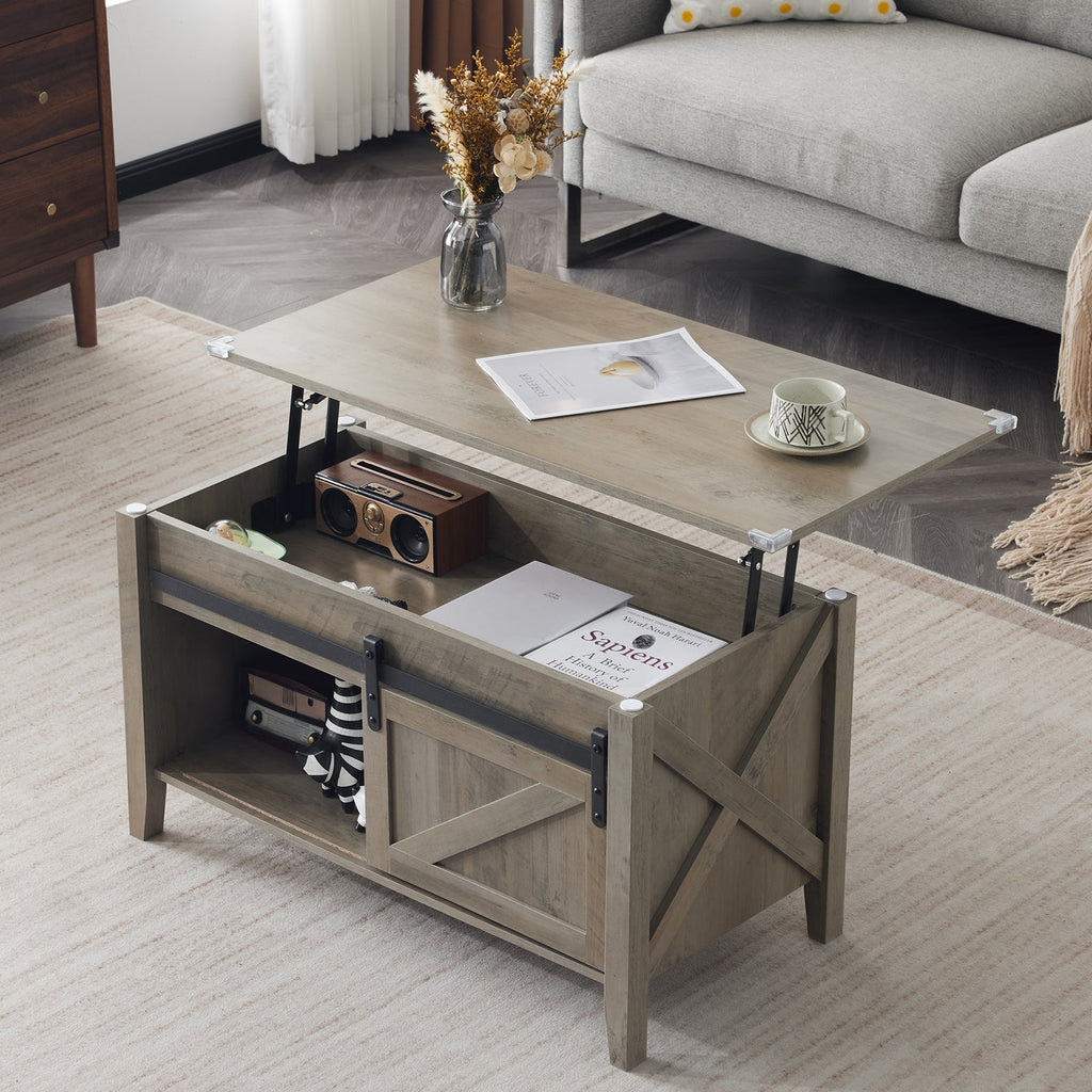 Couchtisch mit Hebefunktion 36" Rustikales Bauernhaus-Design Holz Versteckter Stauraum & Schiebetür im Scheunentor-Stil