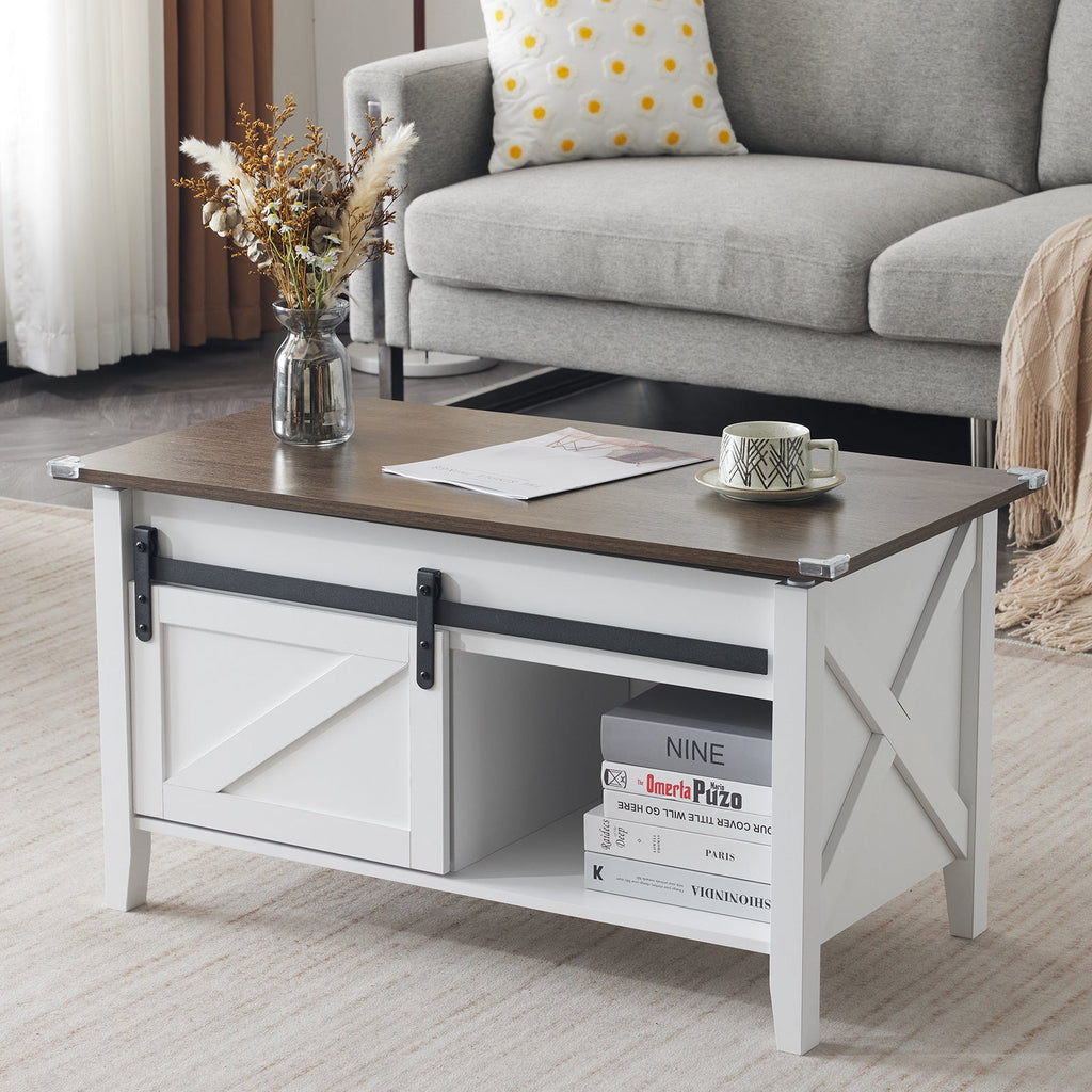 Couchtisch mit Hebefunktion 36" Rustikales Bauernhaus-Design Holz Versteckter Stauraum & Schiebetür im Scheunentor-Stil