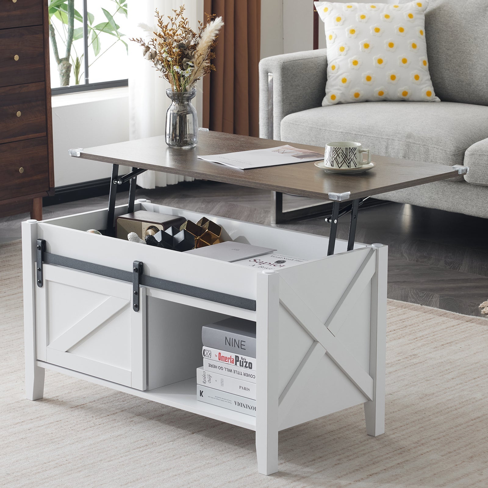 Couchtisch mit Hebefunktion 36" Rustikales Bauernhaus-Design Holz Versteckter Stauraum & Schiebetür im Scheunentor-Stil