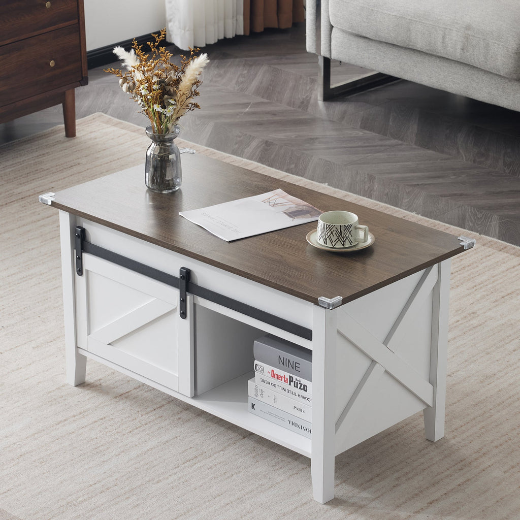 Couchtisch mit Hebefunktion 36" Rustikales Bauernhaus-Design Holz Versteckter Stauraum & Schiebetür im Scheunentor-Stil