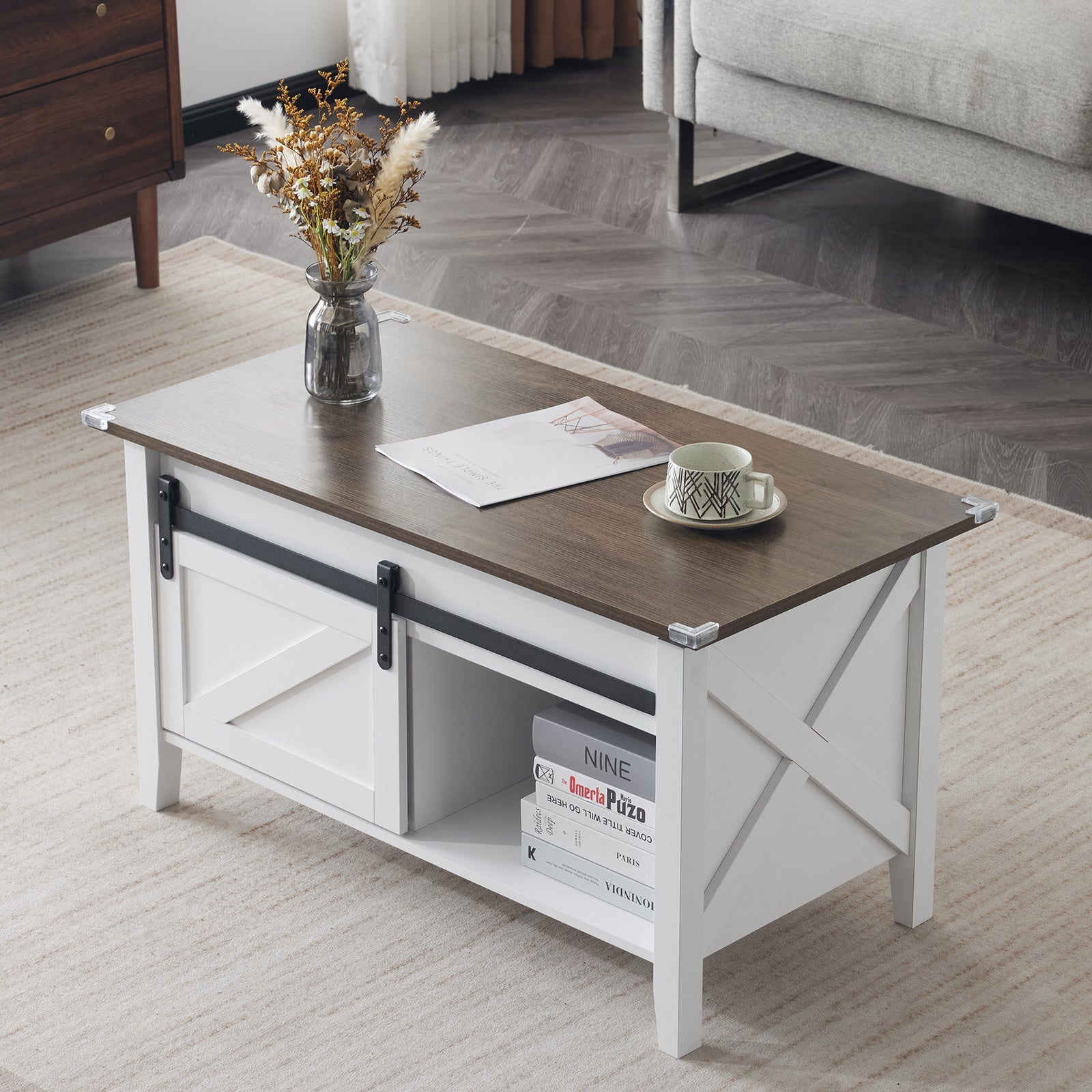 Couchtisch mit Hebefunktion 36" Rustikales Bauernhaus-Design Holz Versteckter Stauraum & Schiebetür im Scheunentor-Stil