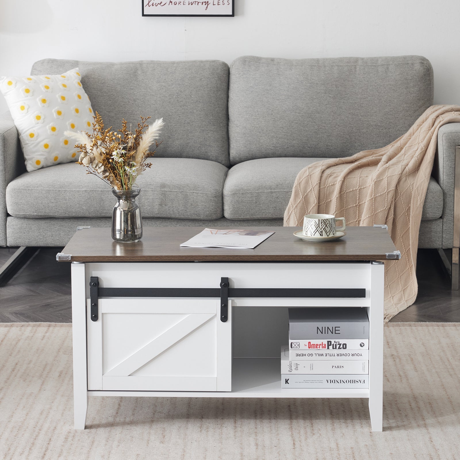 Couchtisch mit Hebefunktion 36" Rustikales Bauernhaus-Design Holz Versteckter Stauraum & Schiebetür im Scheunentor-Stil