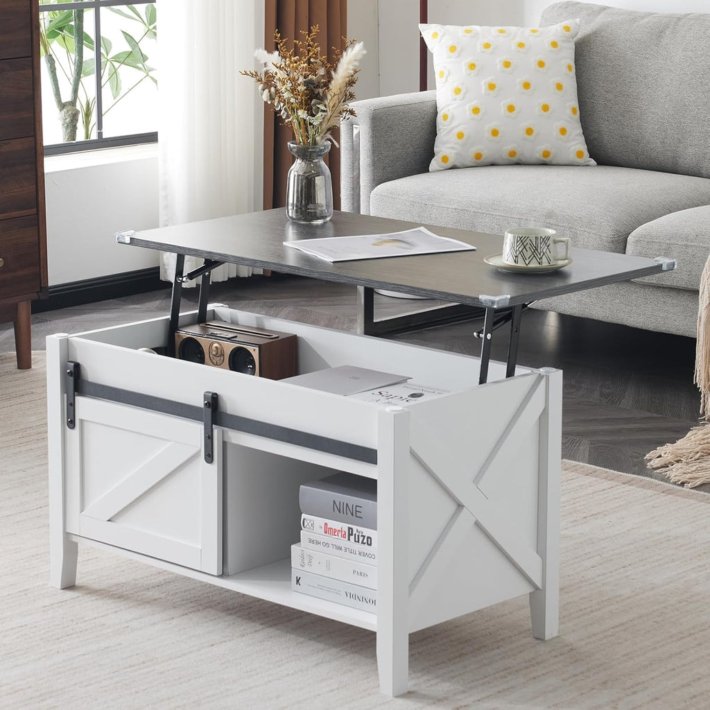 Couchtisch mit Hebefunktion 36" Rustikales Bauernhaus-Design Holz Versteckter Stauraum & Schiebetür im Scheunentor-Stil