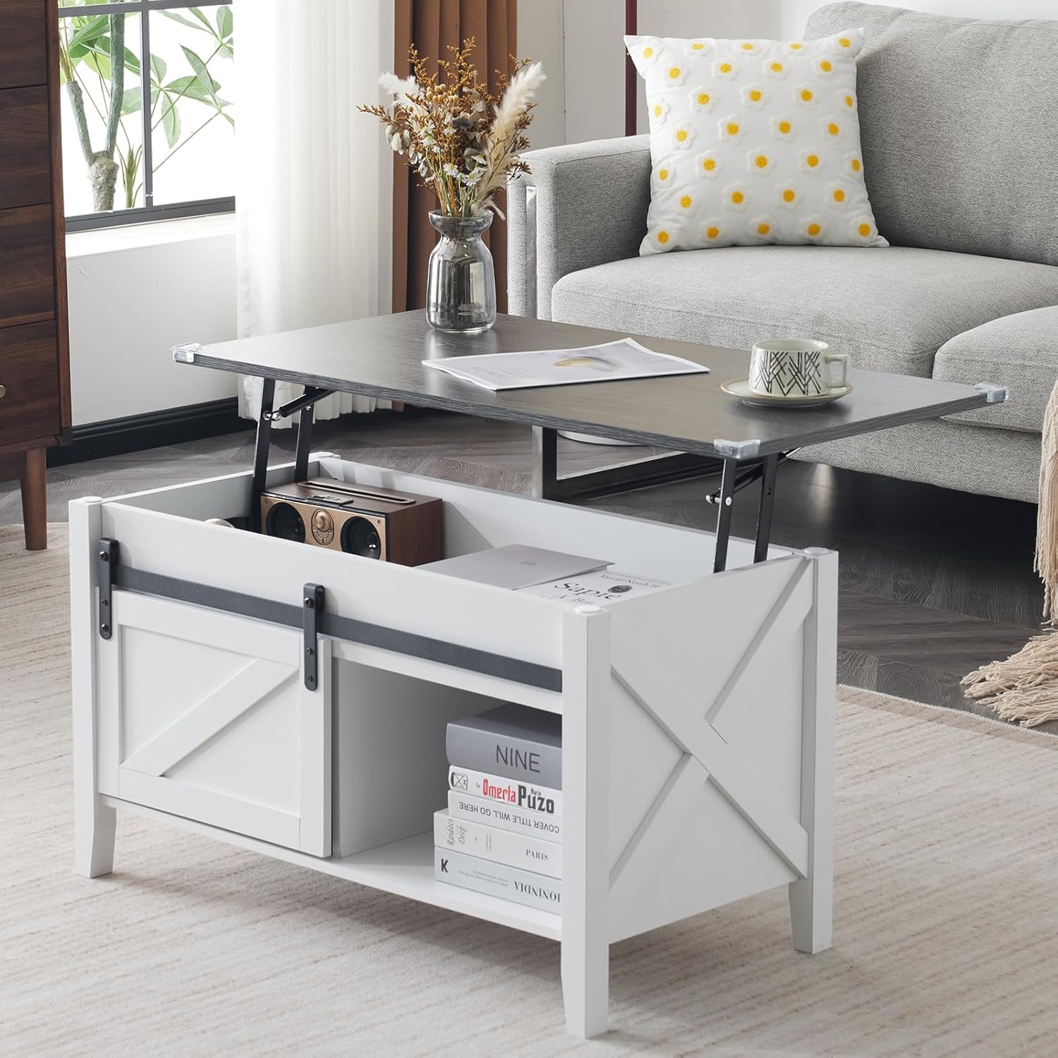 Couchtisch mit Hebefunktion 36" Rustikales Bauernhaus-Design Holz Versteckter Stauraum & Schiebetür im Scheunentor-Stil