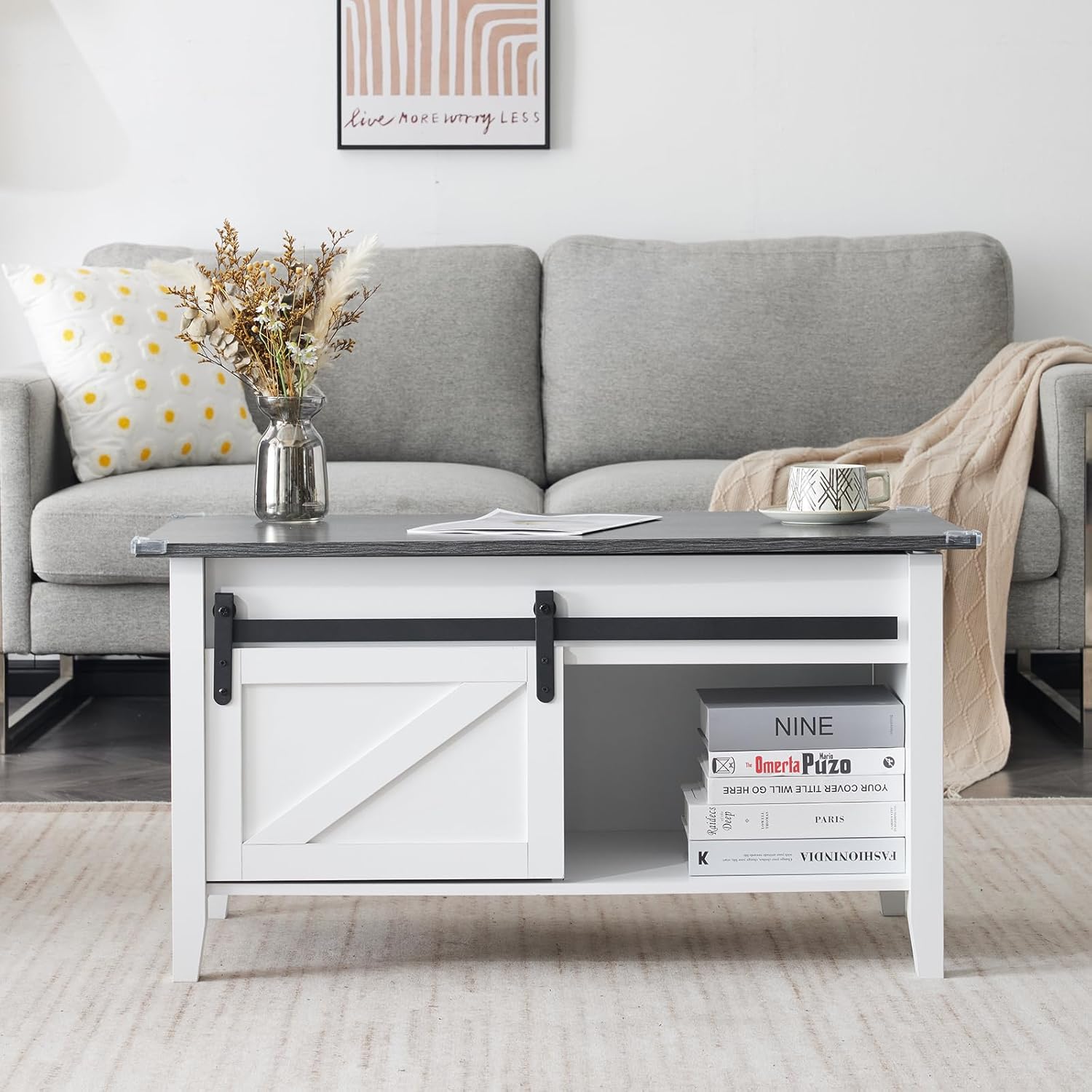 Couchtisch mit Hebefunktion 36" Rustikales Bauernhaus-Design Holz Versteckter Stauraum & Schiebetür im Scheunentor-Stil
