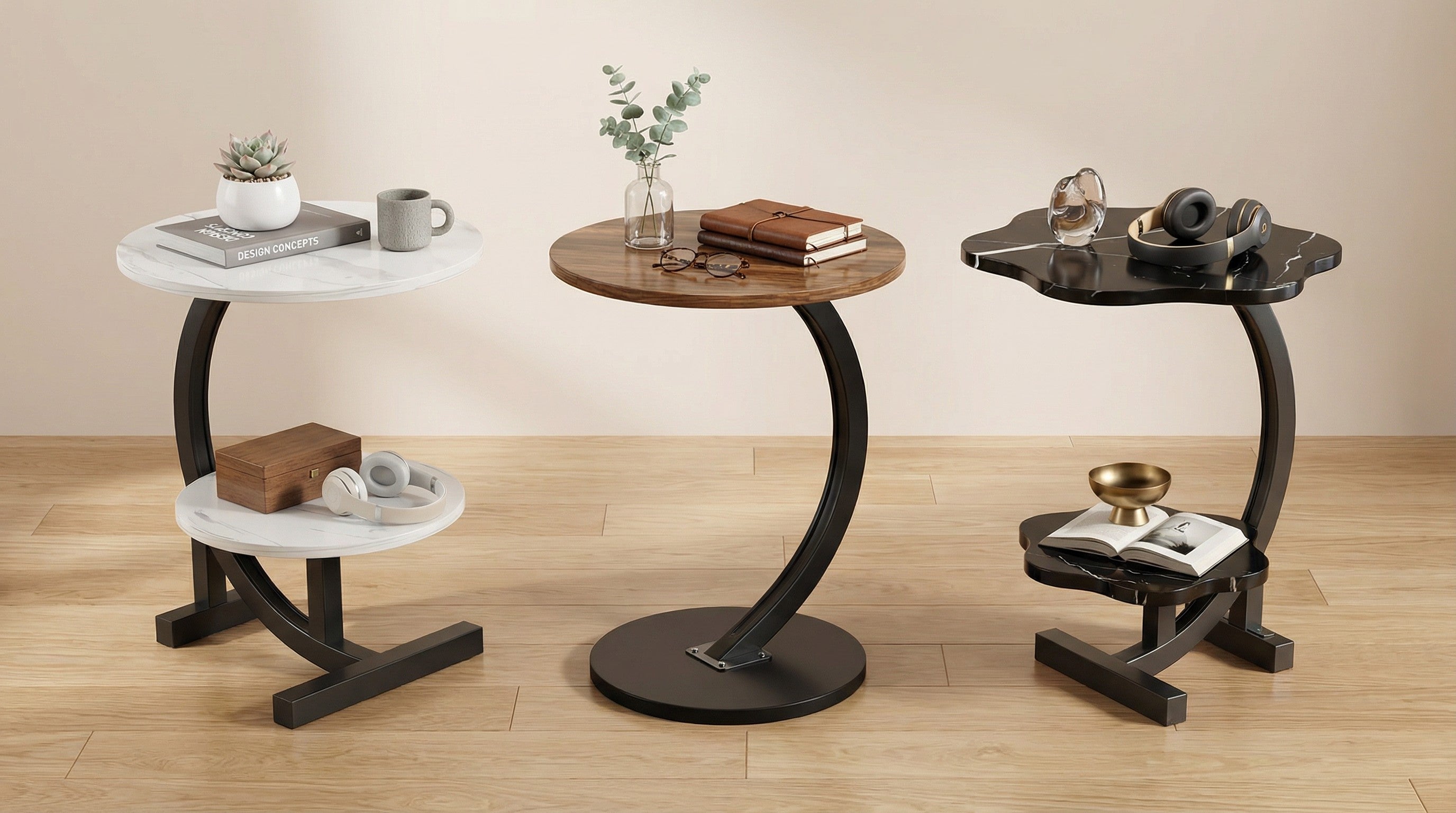 Moderner Beistelltisch – Rund, C-förmig & Petal Designs | Sofatisch mit Metallgestell