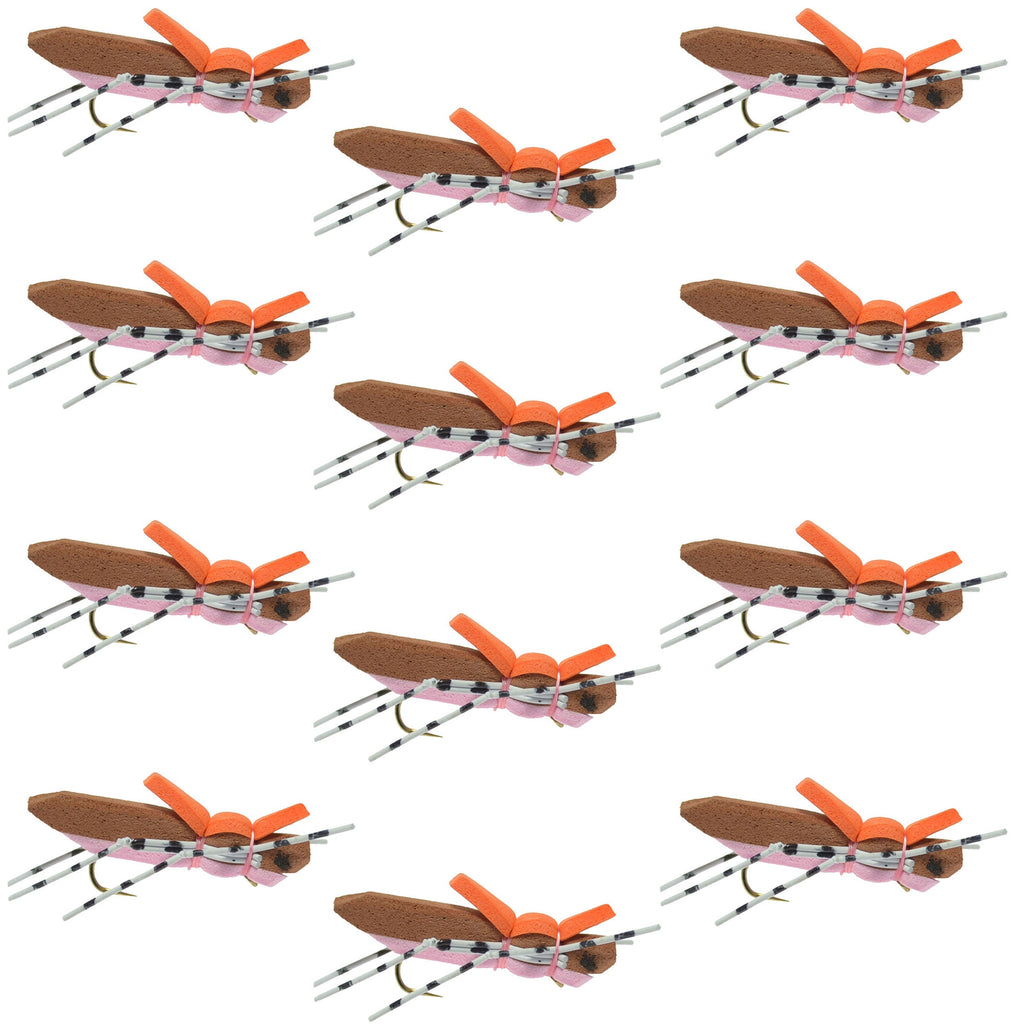 Moorish Hopper Brown Pink Foam Body Grasshopper Fliege – 1 Dutzend Fliegen Hakengröße 10