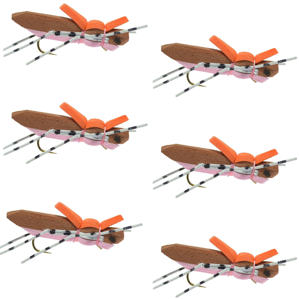 Moorish Hopper Brown Pink Foam Body Grasshopper Fliege – 6 Fliegen Hakengröße 10