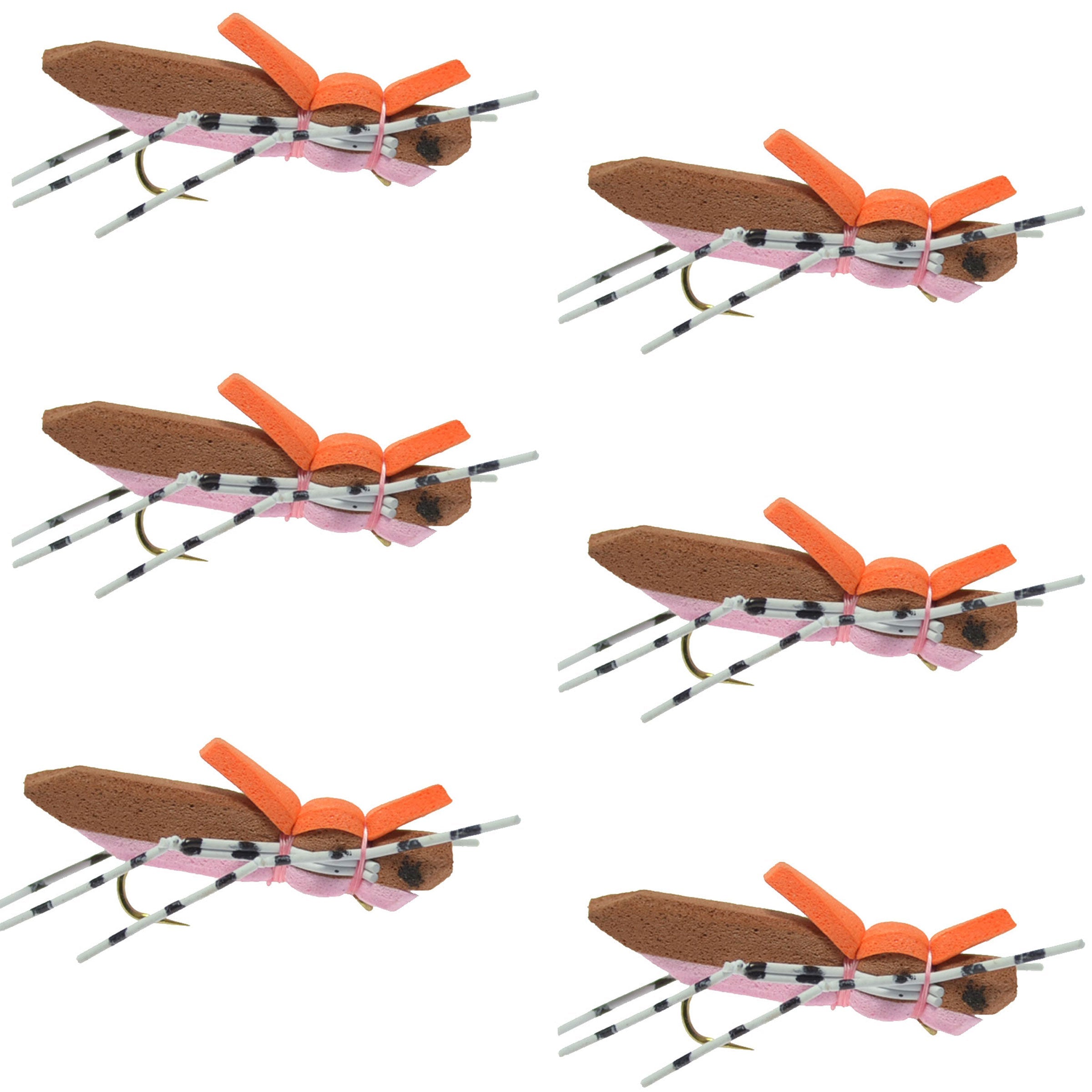 Moorish Hopper Brown Pink Foam Body Grasshopper Fliege – 6 Fliegen Hakengröße 10