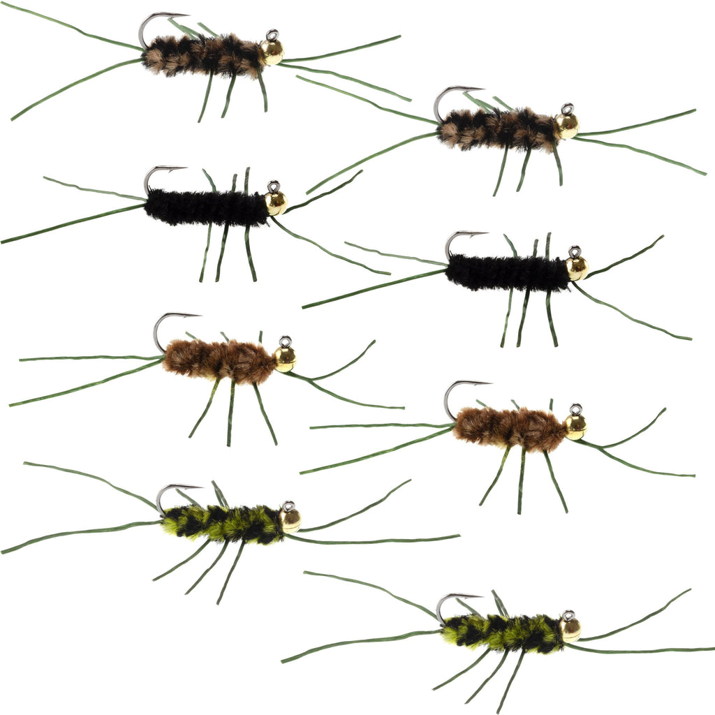 Wolframkopf-Jig-Pat's-Rubber-Legs-Euro-Nymphen-Sortiment Fliegenfischen-Fliegen - 8 Fliegen Hakengröße 10