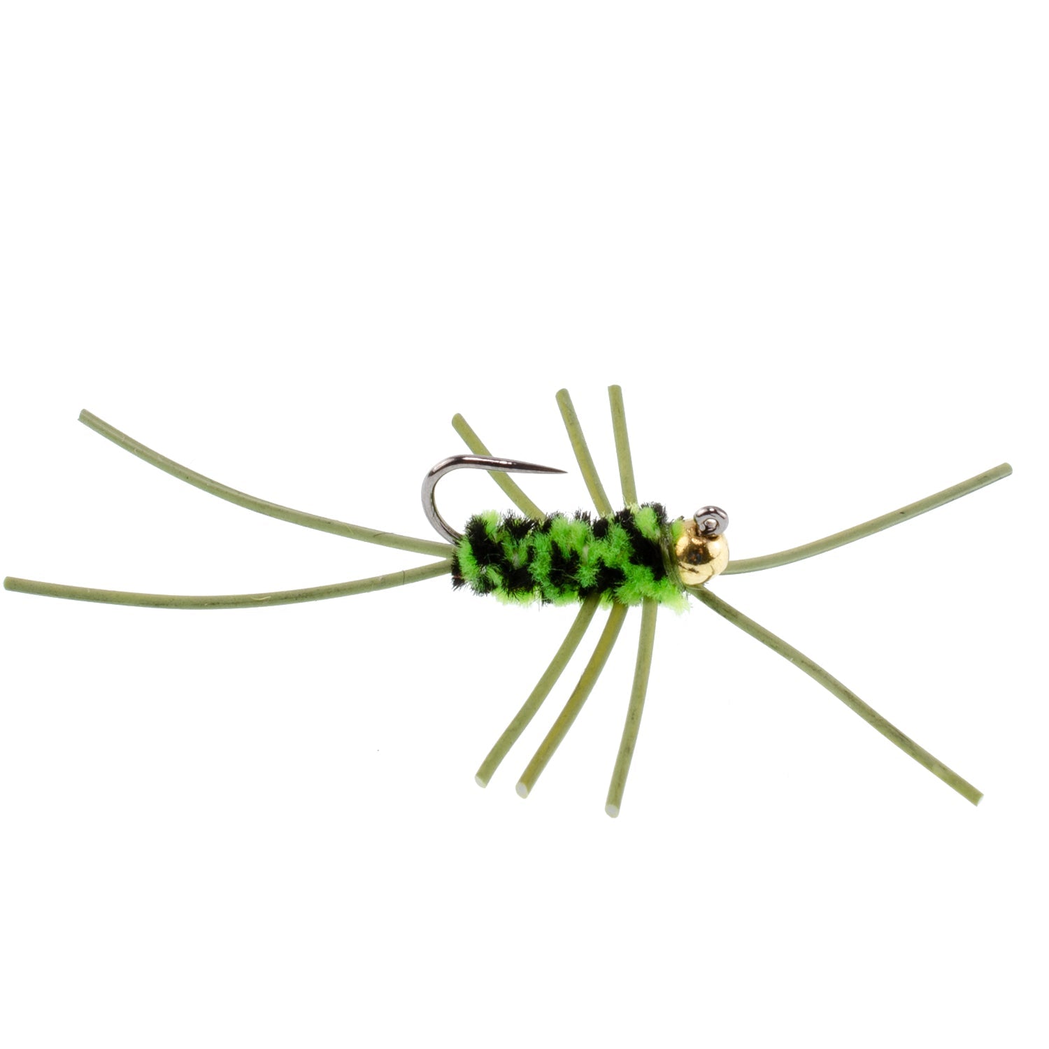 Widerhakenlose Pat's Rubber Legs Tungsten Bead Jigged Black/Chartreuse Euro Nymph - Set mit 12 Fliegen Hakengröße 10