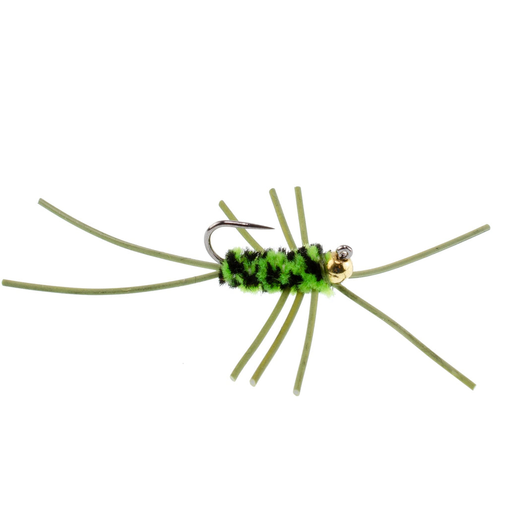 Widerhakenlose Pat's Rubber Legs Tungsten Bead Jigged Black/Chartreuse Euro Nymph – 6er-Set Fliegen, Hakengröße 10