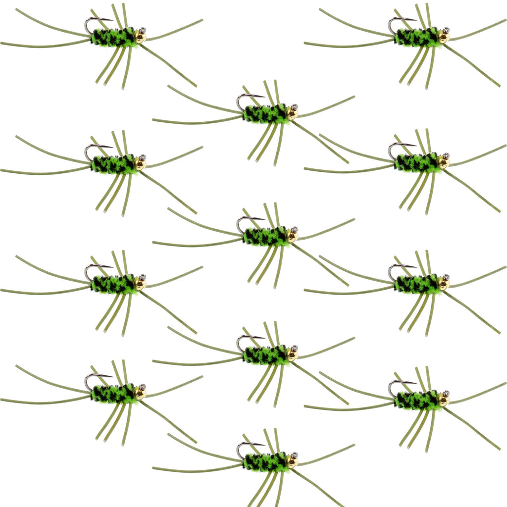 Widerhakenlose Pat's Rubber Legs Tungsten Bead Jigged Black/Chartreuse Euro Nymph - Set mit 12 Fliegen Hakengröße 10