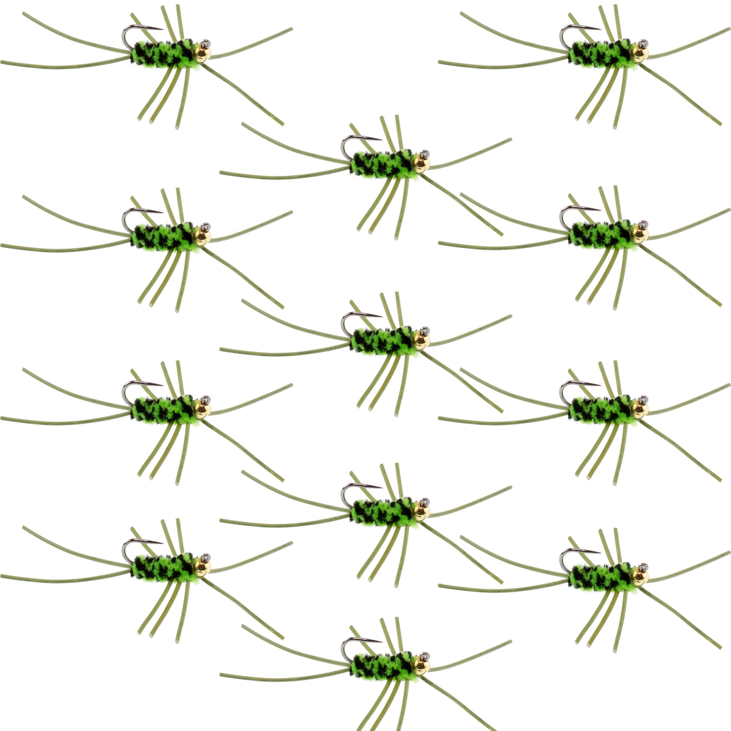 Widerhakenlose Pat's Rubber Legs Tungsten Bead Jigged Black/Chartreuse Euro Nymph - Set mit 12 Fliegen Hakengröße 10