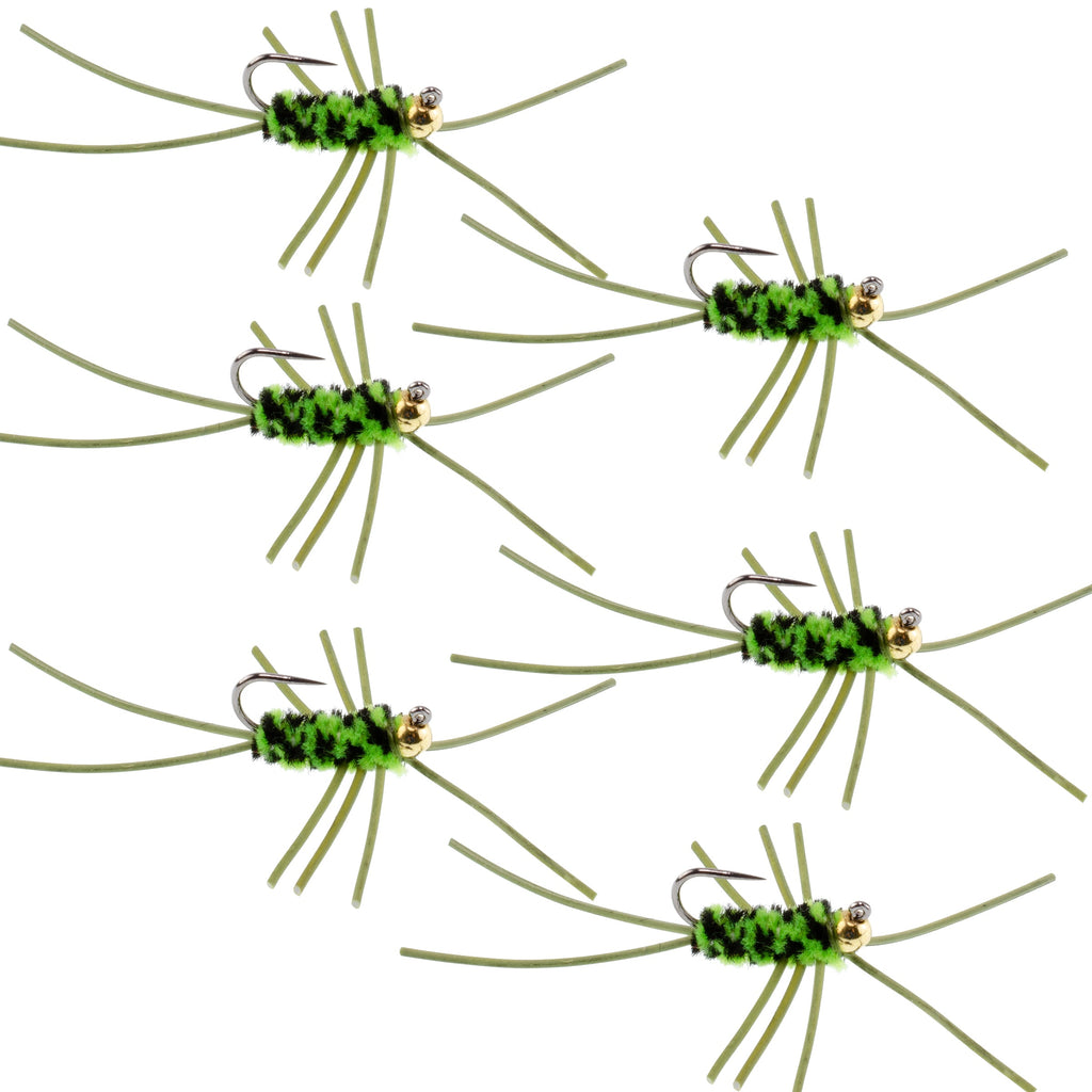 Widerhakenlose Pat's Rubber Legs Tungsten Bead Jigged Black/Chartreuse Euro Nymph – 6er-Set Fliegen, Hakengröße 10