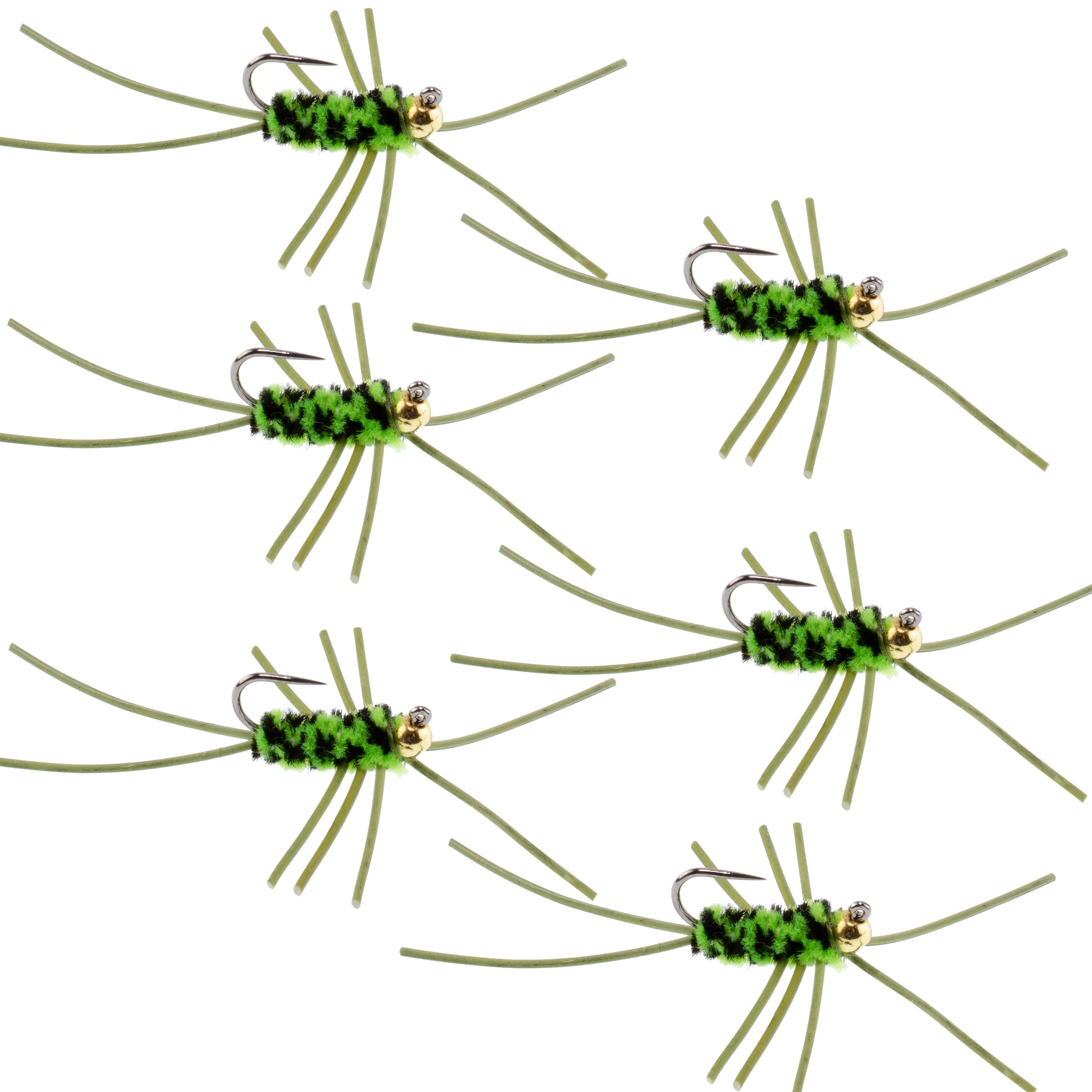 Widerhakenlose Pat's Rubber Legs Tungsten Bead Jigged Black/Chartreuse Euro Nymph – 6er-Set Fliegen, Hakengröße 10