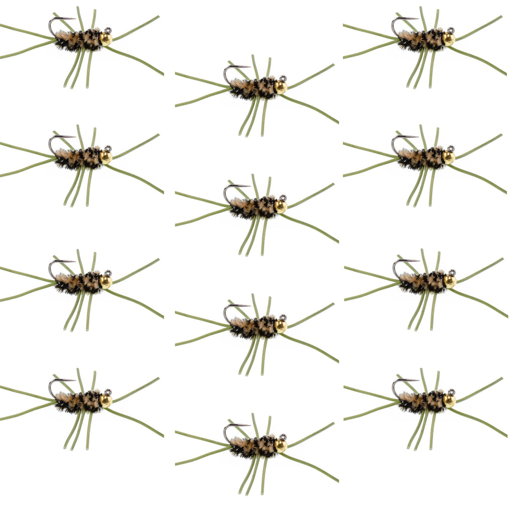 Widerhakenlose Pat's Rubber Legs Tungsten Bead Jigged Coffee/Black Euro Nymph – 12er Set Fliegen Hakengröße 10