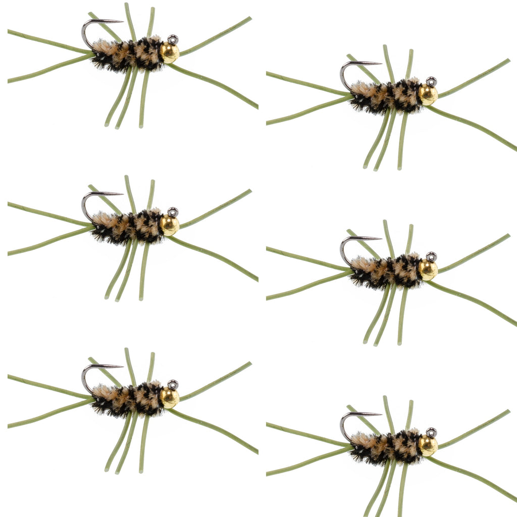 Widerhakenlose Pat's Rubber Legs Tungsten Bead Jigged Coffee/Black Euro Nymph – Set mit 6 Fliegen Hakengröße 10