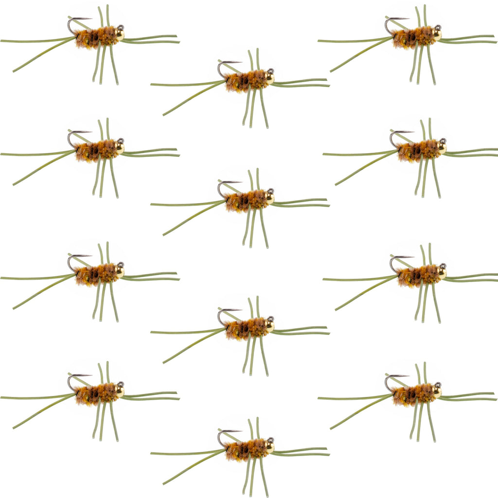 Widerhakenlose Pat's Rubber Legs Tungsten Bead Jigged Coffee/Tan Euro Nymphe – 12er Set, Hakengröße 10