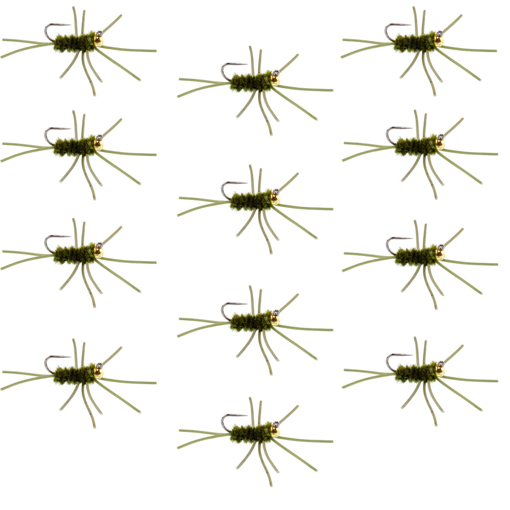 Pat's Rubber Legs Tungsten-Jig Dunkeloliv Euro Nymphe 12 Fliegen Größe 10