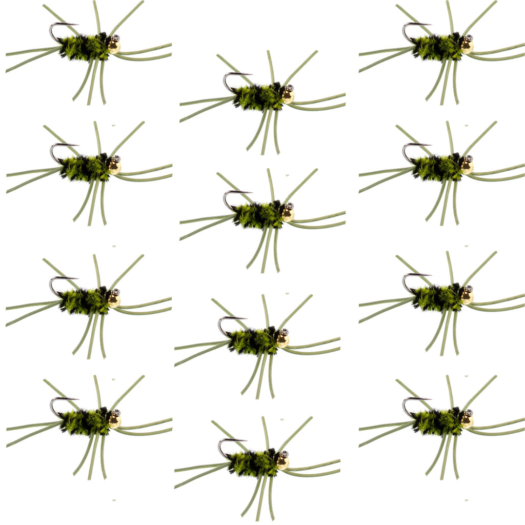 Pat's Rubber Legs Tungsten Jig Black/Olive Euro Nymphe 12 Fliegen Größe 10