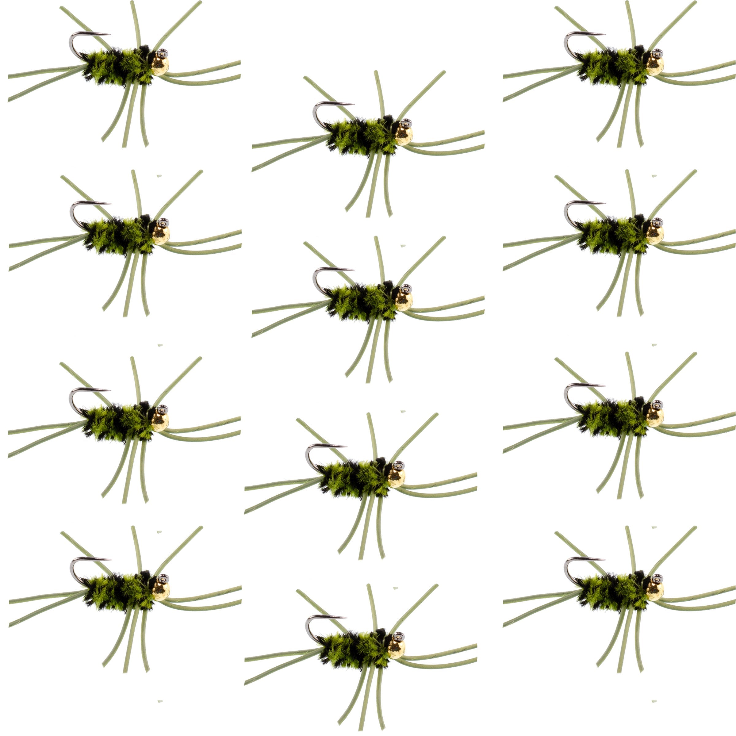 Pat's Rubber Legs Tungsten Jig Black/Olive Euro Nymphe 12 Fliegen Größe 10