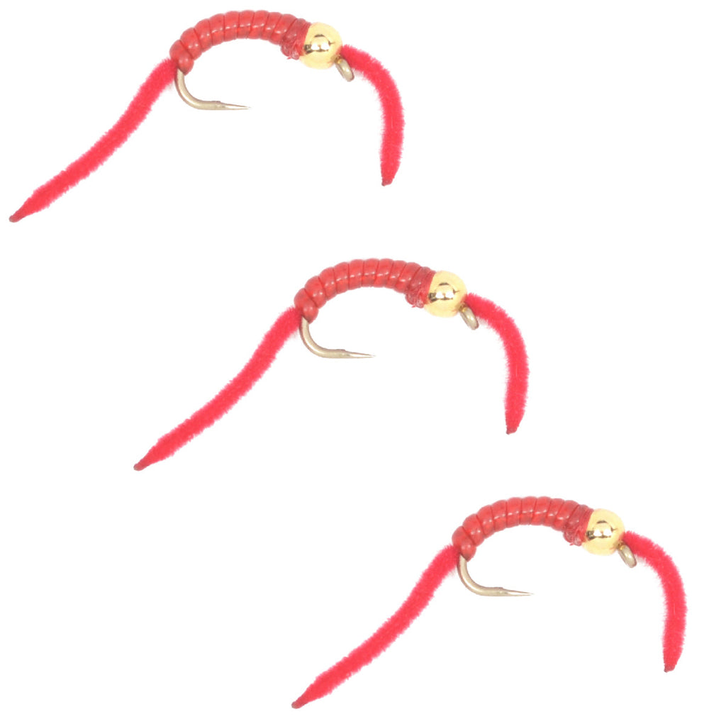 3er-Pack San Juan Power Worm Gold Bead Head Red V-Rib – Hakengröße 14