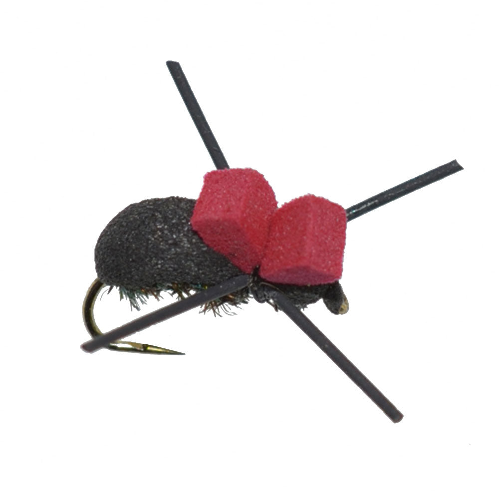 Widerhakenlose Red Top Black Foam Käferlandinsekten-Trockenfliegen zum Forellenangeln – 1 Dutzend Fliegen Größe 14