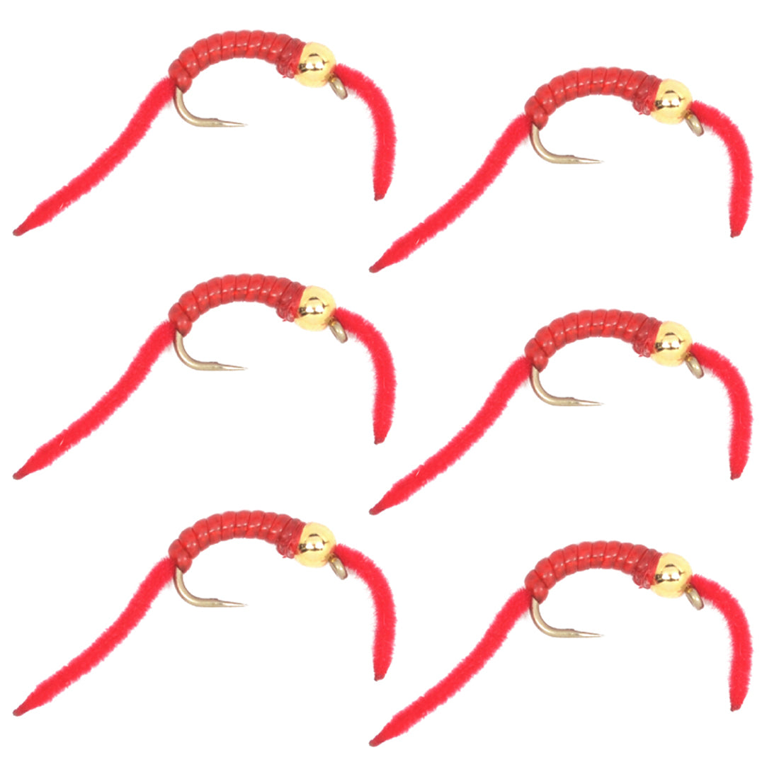 San Juan Wurm Gold Bead Power Worm Rot V-Rib - Set aus 6 Nymphenfliegen Hakengröße 14
