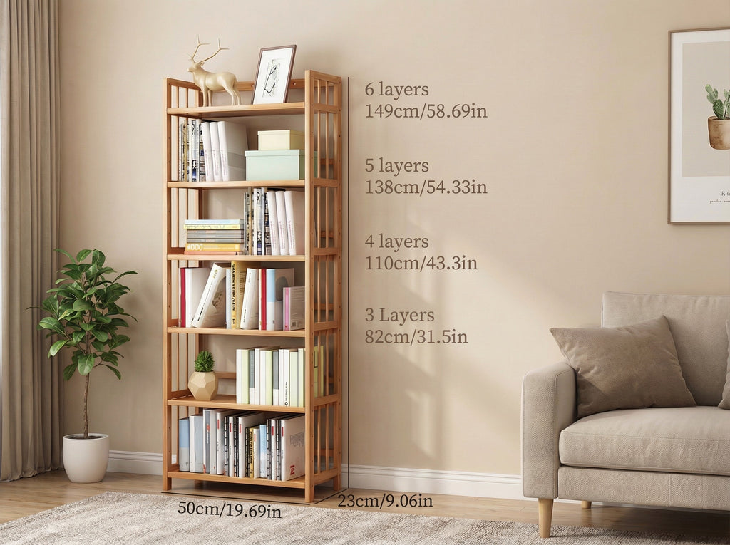 Hohes Bambus-Bücherregal – verstellbare Regalböden, schmales freistehendes Ablageregal