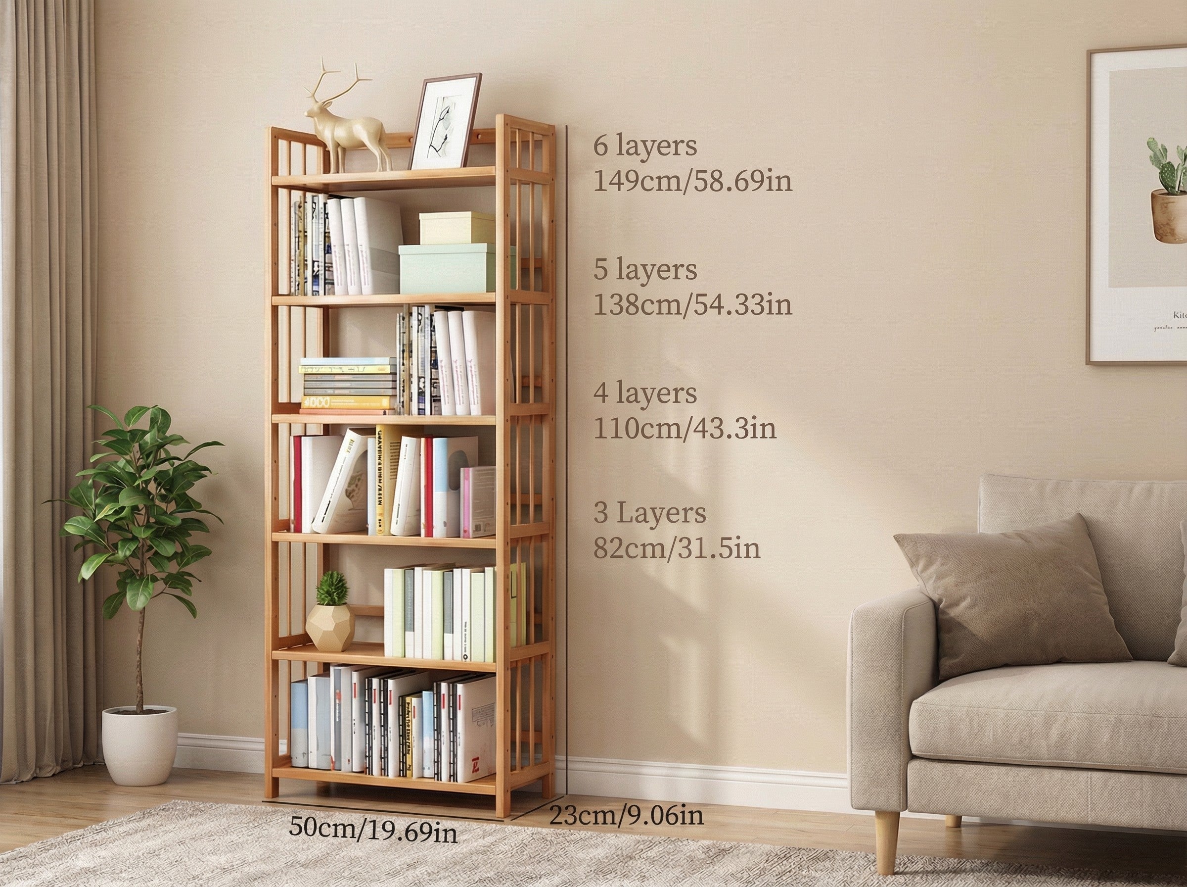 Hohes Bambus-Bücherregal – verstellbare Regalböden, schmales freistehendes Ablageregal