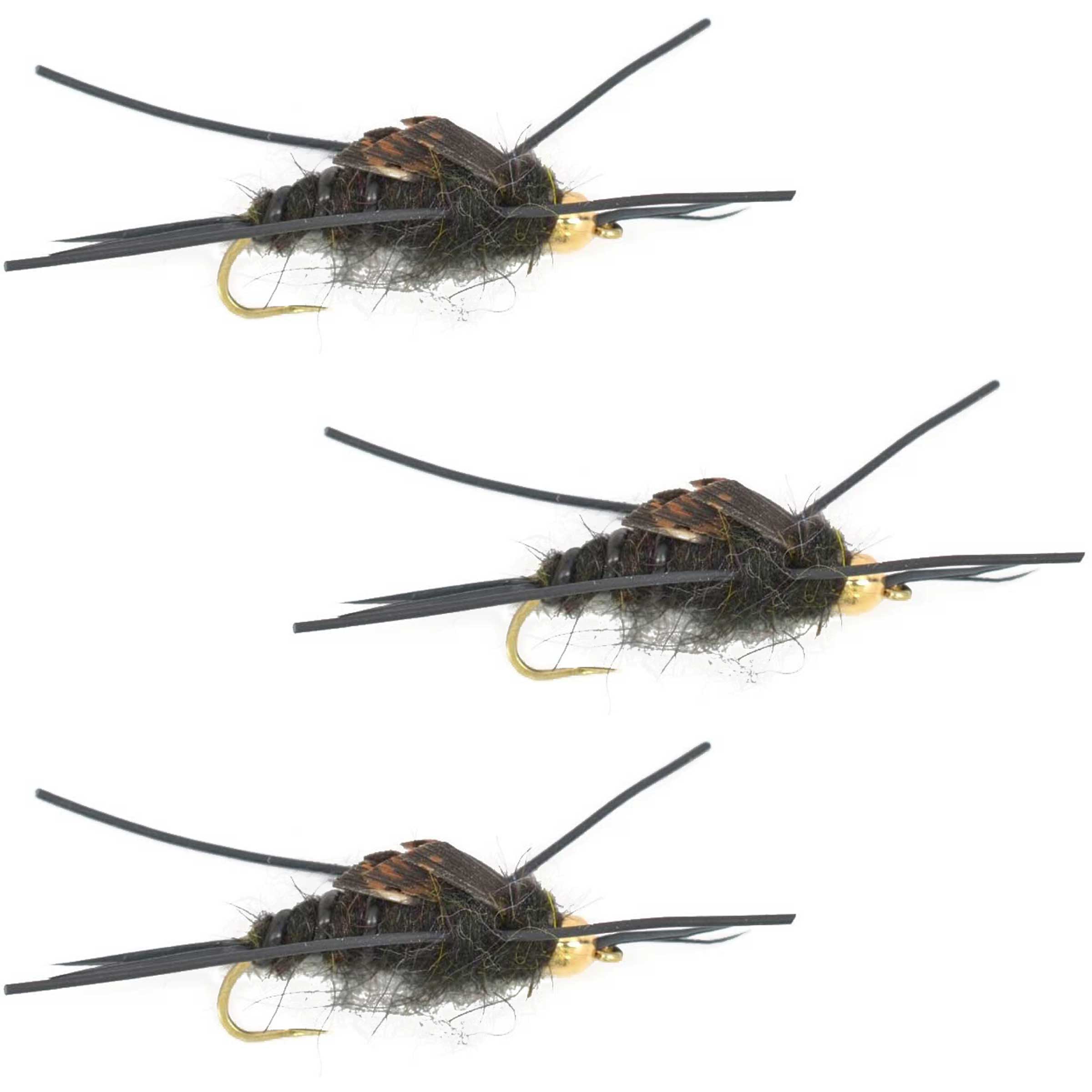 3er-Pack widerhakenlose Goldkopf-Kaufmanns-Steinfliege mit Gummibeinen – Steinfliegen-Nassfliege – Hakengröße 8