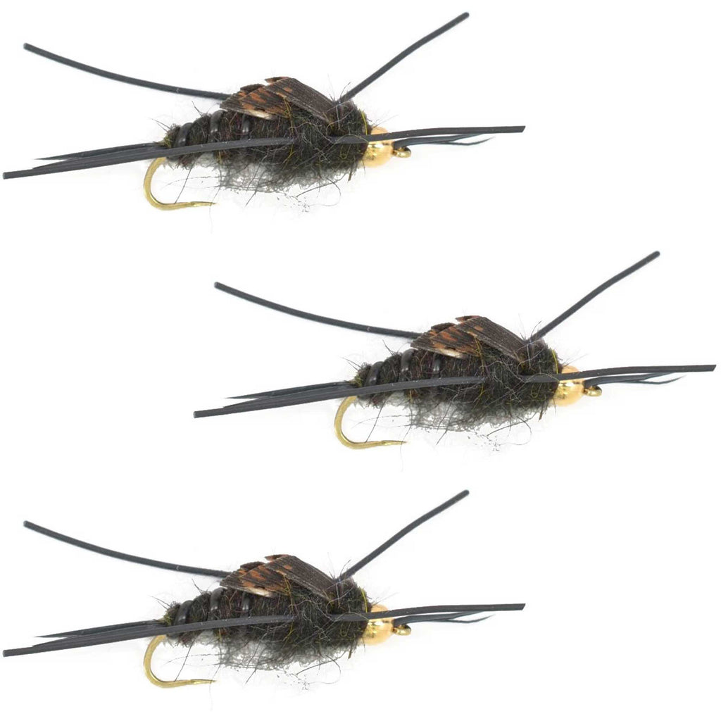 3er-Pack widerhakenlose Goldkopf Kaufmann's Black Stone Fly mit Gummibeinen - Steinfliegen-Nassfliege - Hakengröße 10