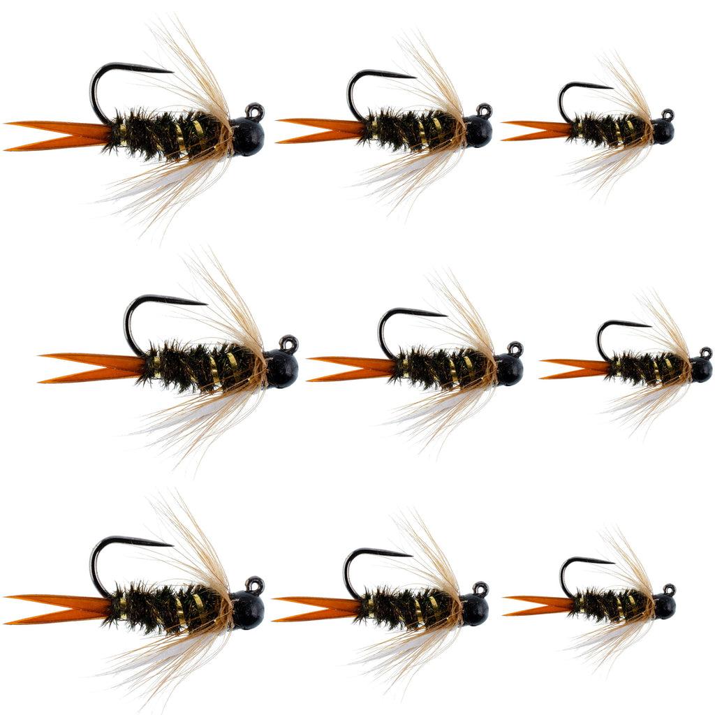 Assortiment an taktischen tschechischen Nymphen zum Euro-Nymphenfischen mit schwarzen Wolframperlen, Prince Jigs – 9 Fliegen in den Größen 12, 14, 16
