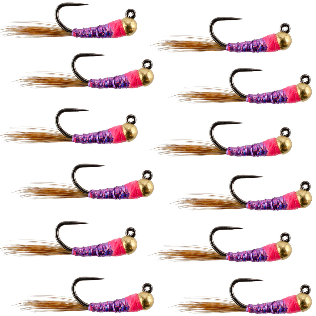 Tungsten Hot Spot Purple Perdigon Tactical  Nymph Fly - 12 Flies Size 18
