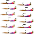 Tungsten Hot Spot Purple Perdigon Tactical  Nymph Fly - 12 Flies Size 18